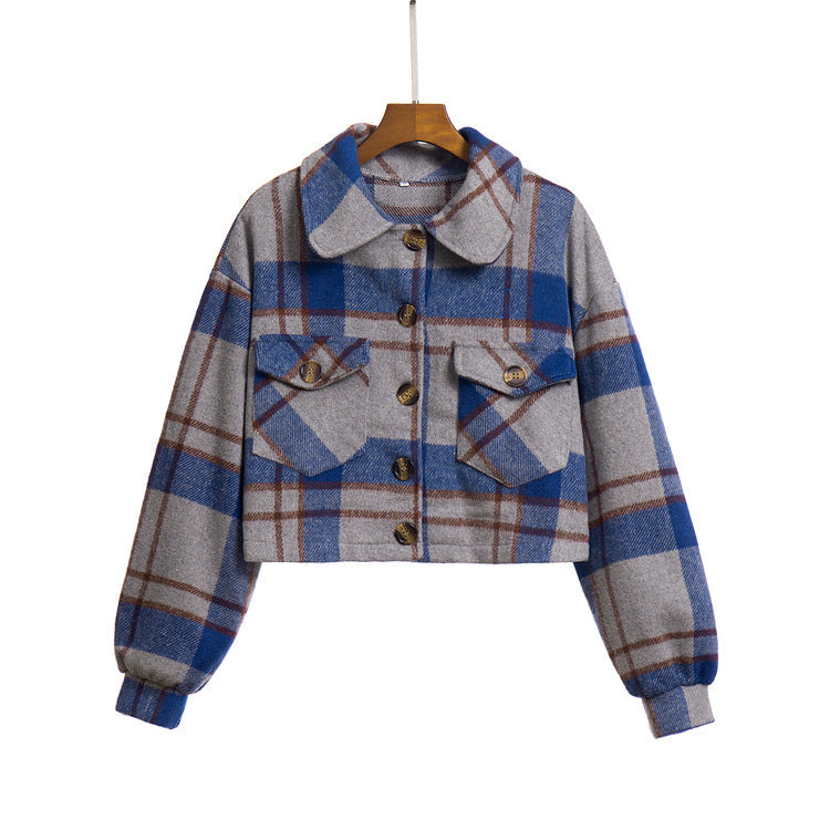 Damen Karierte Short-Jacke mit zwei aufgesetzten Taschen und Knopfdetails R&B