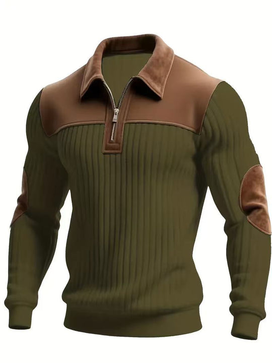 Herren nan gerippter Halbzip-Pullover mit kontrastierenden Lederapplikationen an Schultern und Ellenbogen R&B