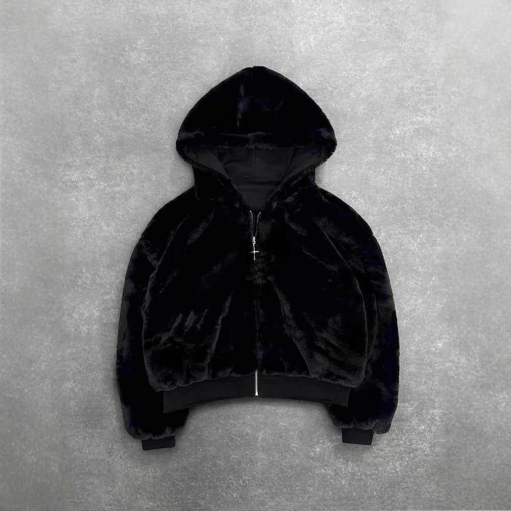 Unisex nan gefütterte Kapuzenjacke kurz geschnitten mit Kreuz-Reißverschluss R&B