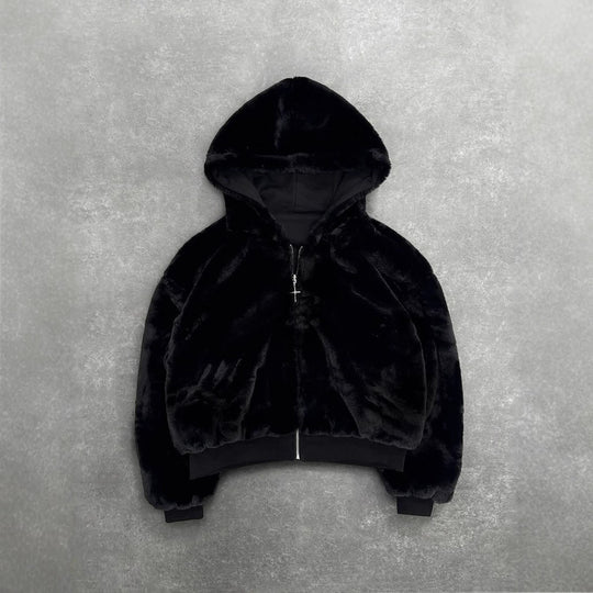 Unisex nan gefütterte Kapuzenjacke kurz geschnitten mit Kreuz-Reißverschluss R&B