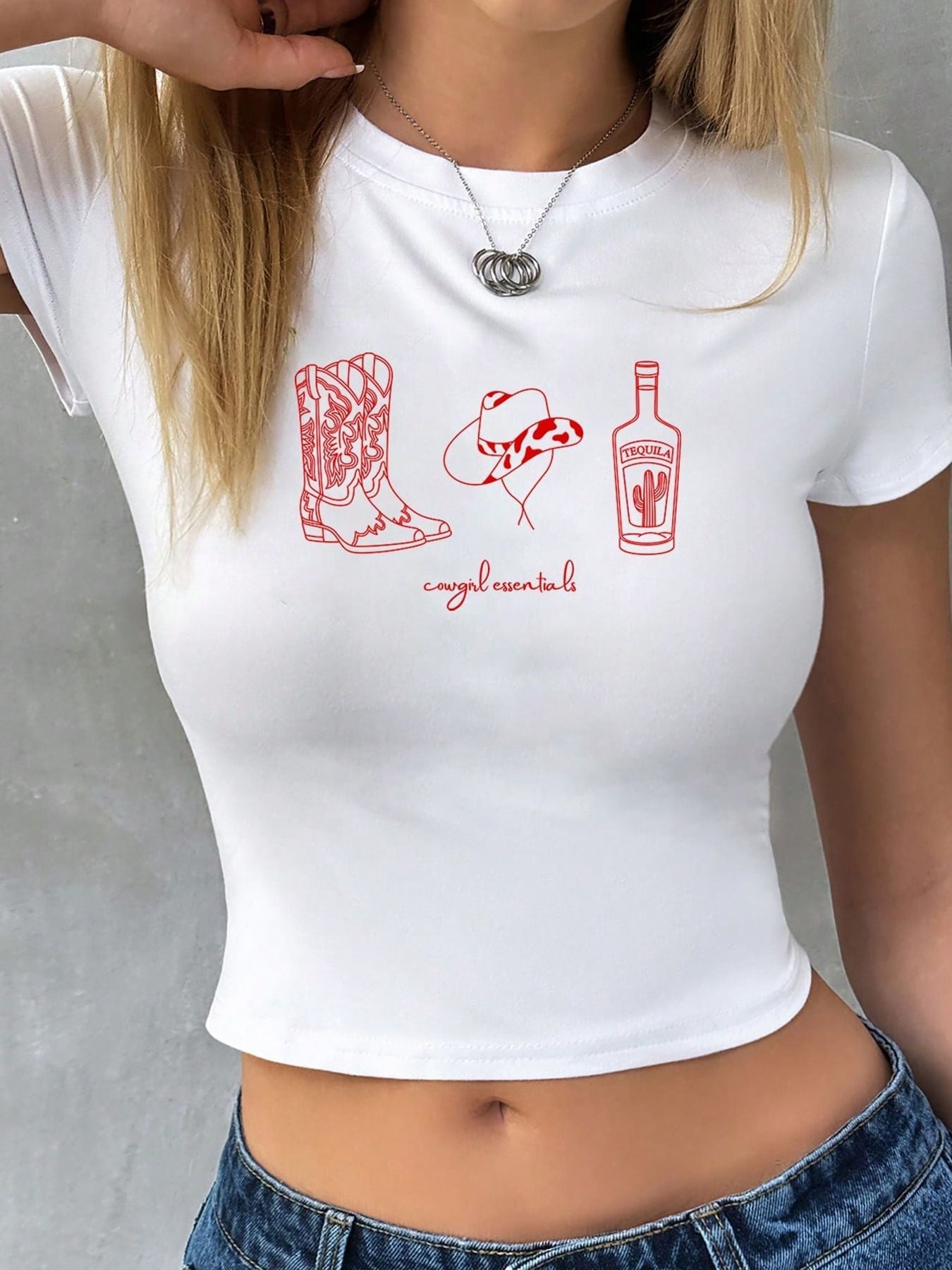 Damen Crop-T-Shirt mit kreativem Cowboy-Design R&B