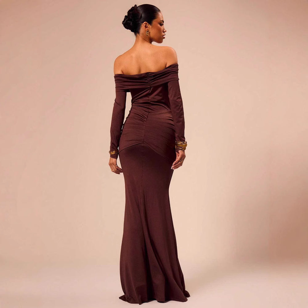 Damen Abendkleid mit schulterfreier Silhouette und elegantem Raffung R&B