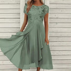 Damen nan elegantes Chiffon-Midikleid mit floraler Spitzenapplikation und fließendem Tellerrock R&B