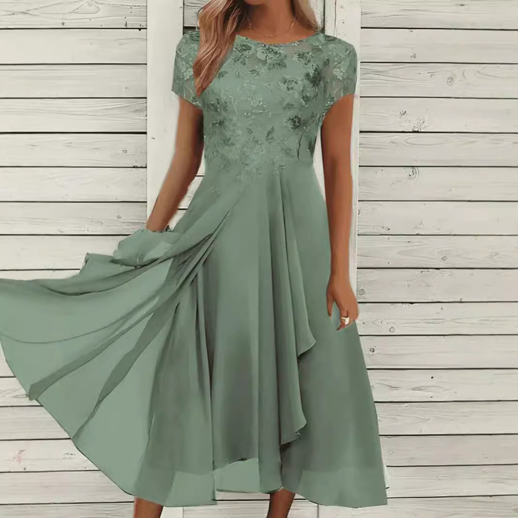 Damen nan elegantes Chiffon-Midikleid mit floraler Spitzenapplikation und fließendem Tellerrock R&B