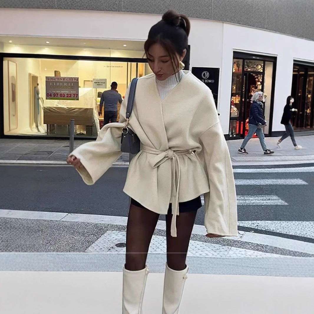 Damen modische Wickeljacke mit Gürtel und weiten Ärmeln R&B