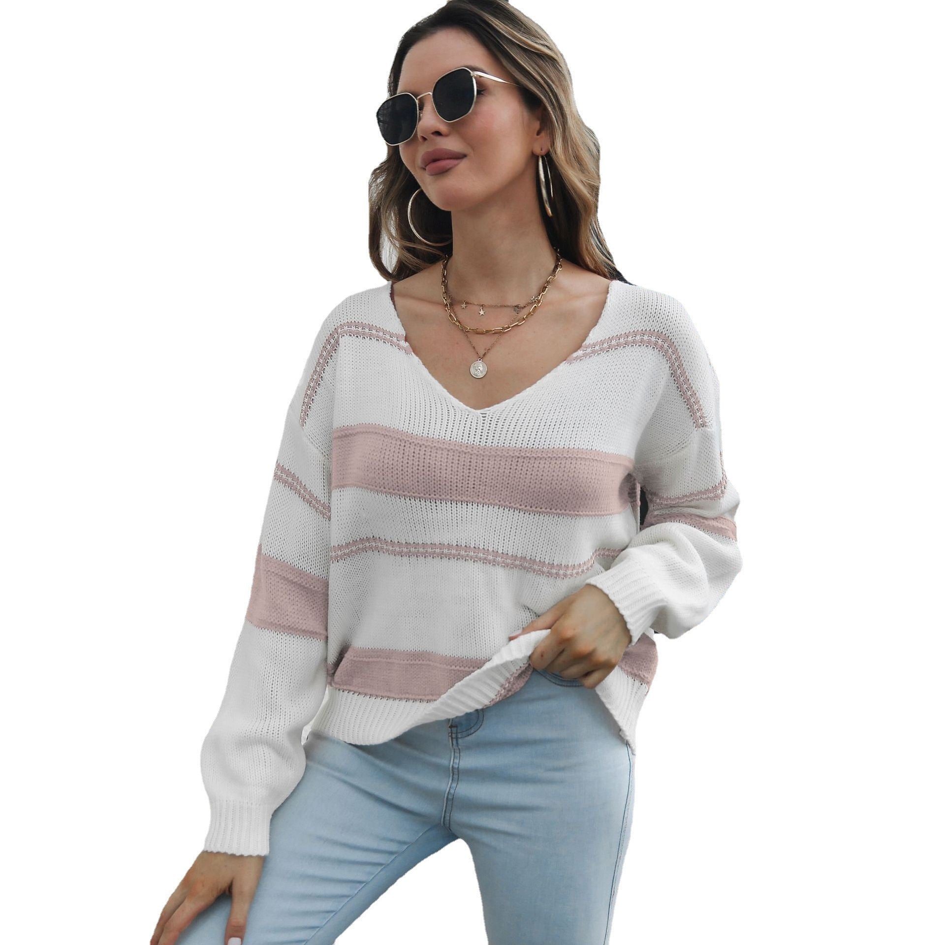 Damen V-Ausschnitt Strickpullover mit gestreiftem Design und lässigem Schnitt R&B