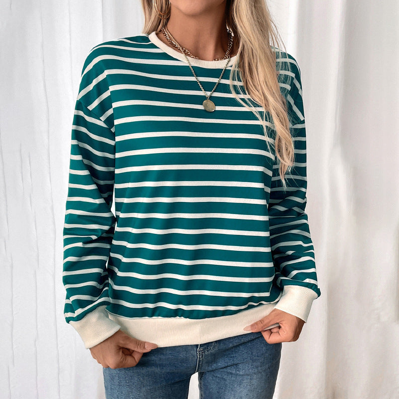Damen Lässiger Streifenpullover mit elastischen Bündchen und Rundhalsausschnitt R&B