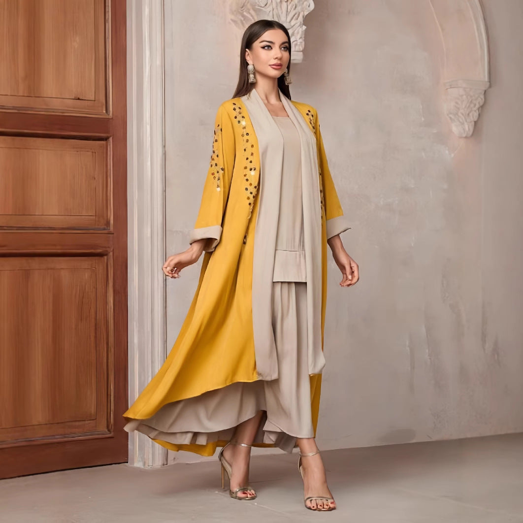 Damen Langarm-Kimono mit dekorativen Applikationen und asymmetrischem Saum R&B