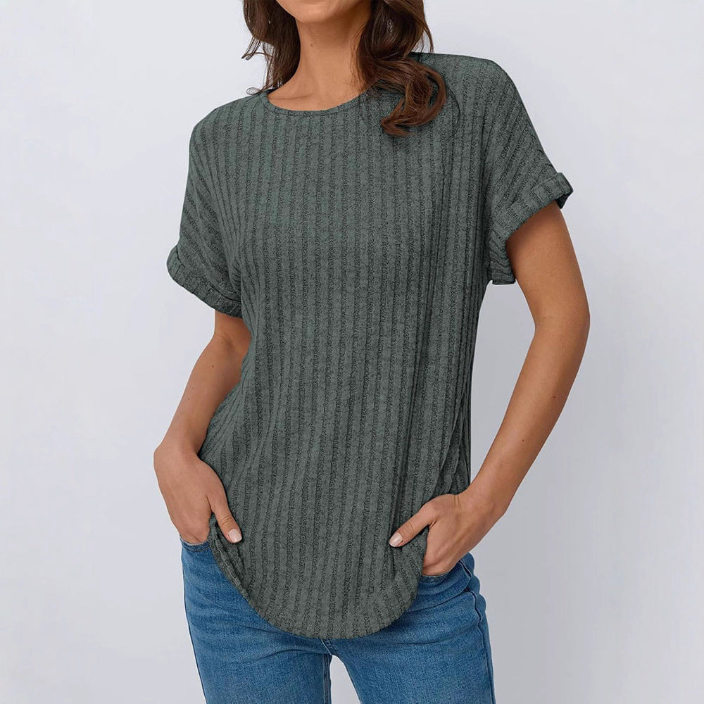 Damen lässiges T-Shirt im Ripp-Design mit umschlagenen Ärmeln R&B
