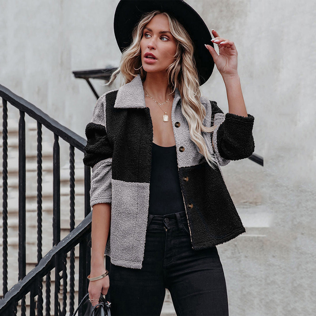 Damen trendige Teddyjacke mit modernem Patchwork-Design R&B