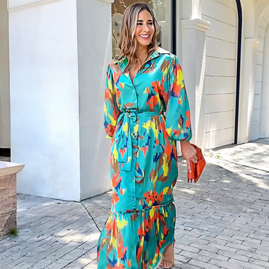 Damen Maxikleid mit floralen Akzenten und elegantem Gürtel R&B