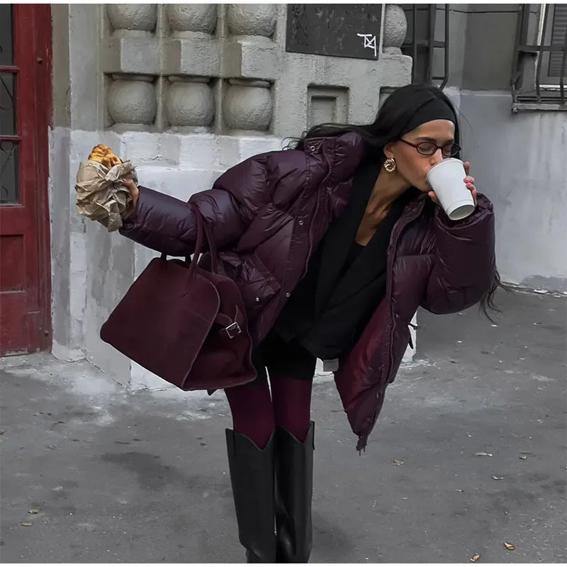 Damen modische oversized Daunenjacke mit Taillengürtel und seitlichen Taschen R&B