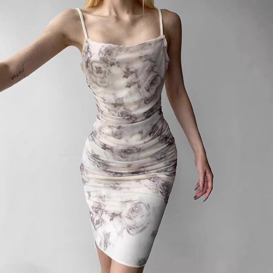 Damen figurbetontes Maxikleid mit raffinierten Rüschen und floralem Muster R&B