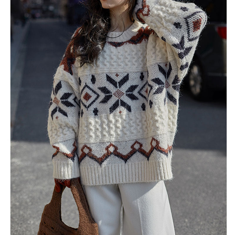Damen Grobstrickpullover mit geometrischem Muster und Rundhalsausschnitt R&B