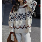 Damen Grobstrickpullover mit geometrischem Muster und Rundhalsausschnitt R&B
