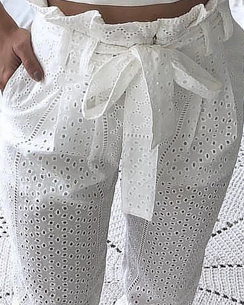 Damen luftige Baumwollhose mit verspielten Lochmustern R&B