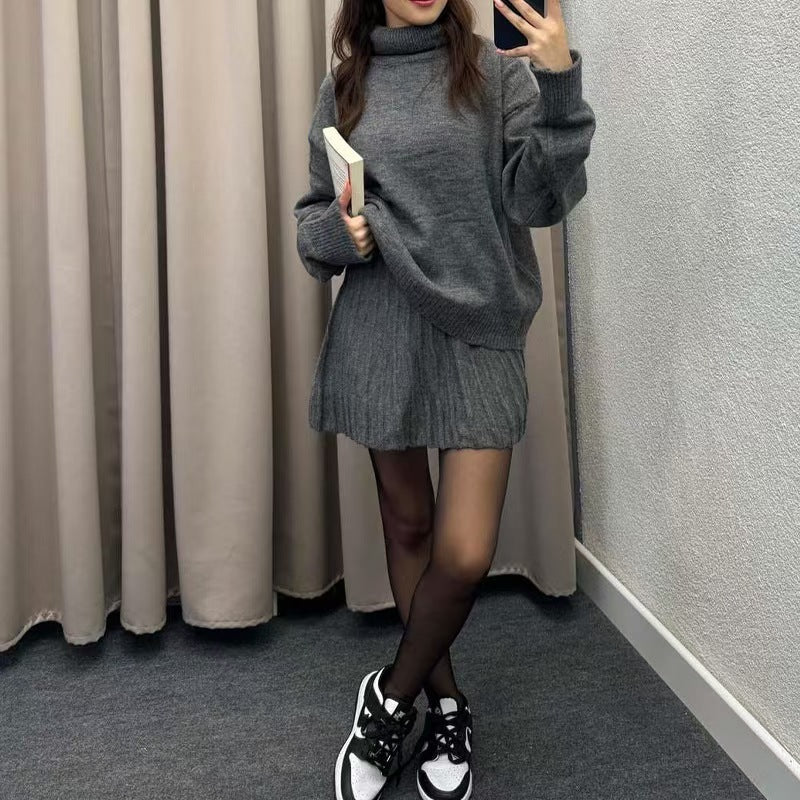 Damen Elegantes Strickensemble mit Rollkragen und fließendem Rock R&B