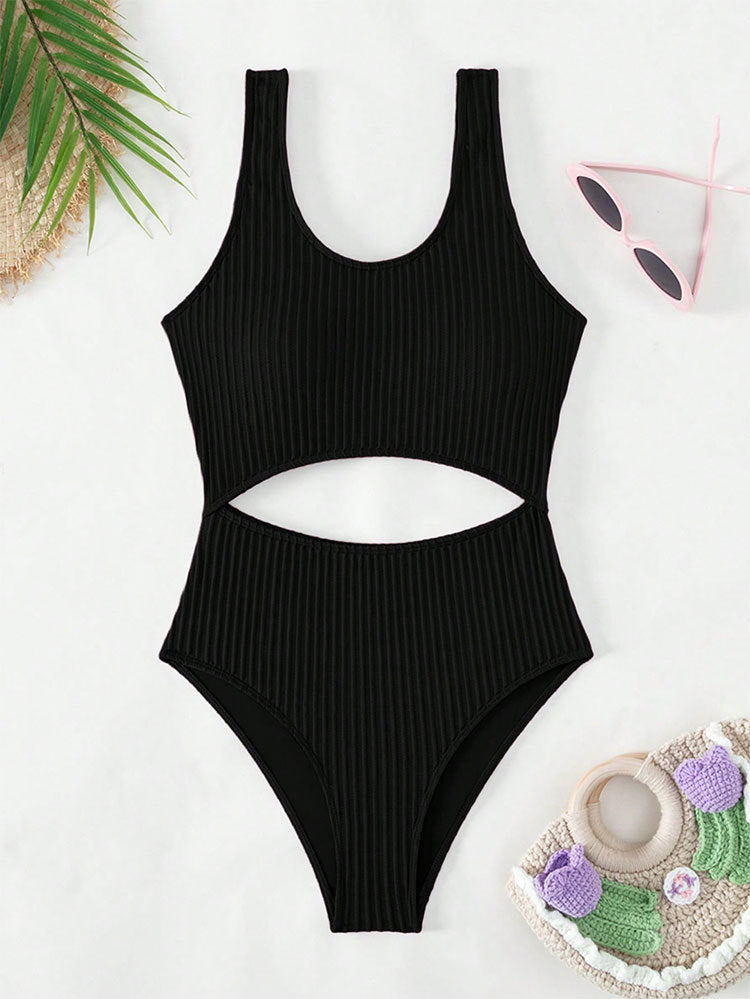 Damen Einteiler Badeanzug mit hohem Beinausschnitt und modischem Cut-Out R&B
