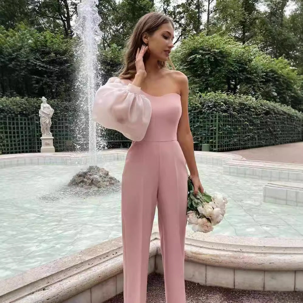 Damen Eleganter Einteiler mit asymmetrischem Schnitt und transparenten Ärmeln R&B