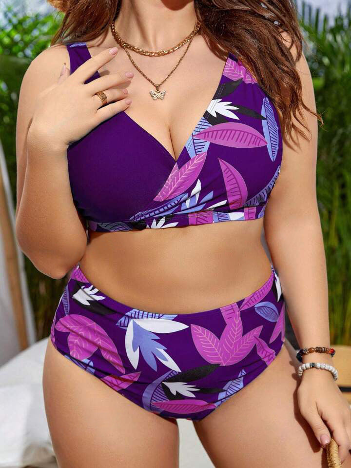 Damen Hochgeschnittener Bikini mit Wickeldesign und floralem Muster R&B