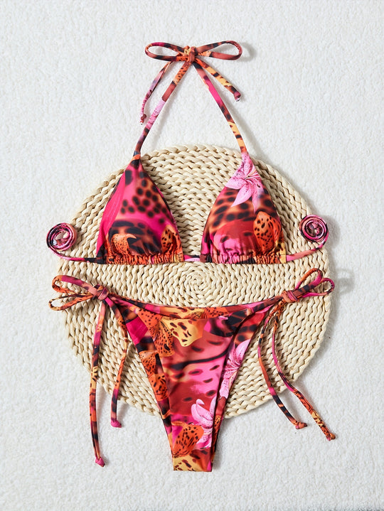 Damen Triangel-Bikini mit verstellbaren Bindebändern und animalischem Muster R&B