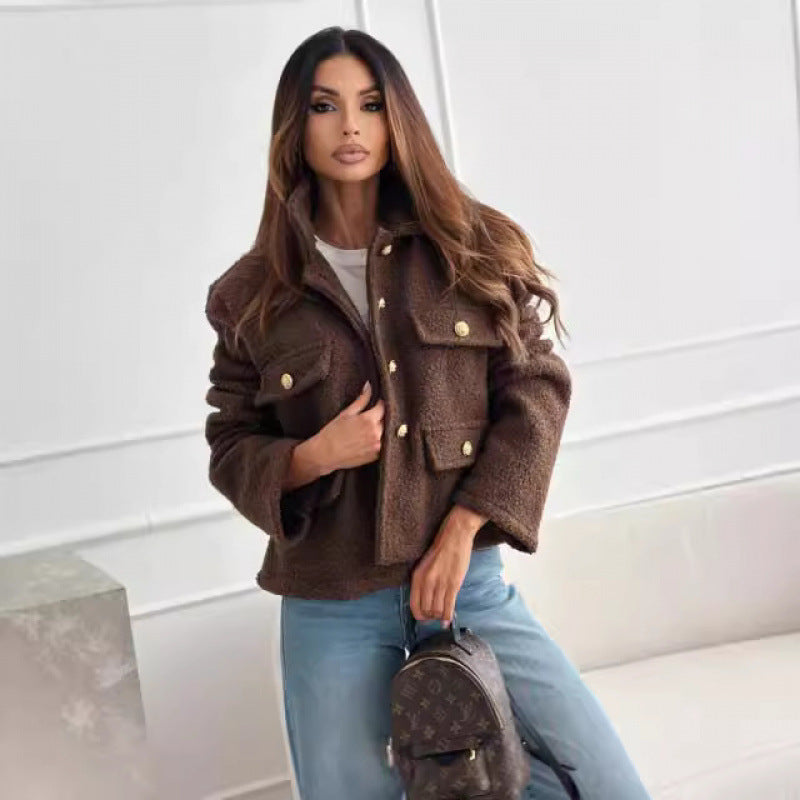 Damen-Plüsch-Strukturjacke mit Utility-Taschen