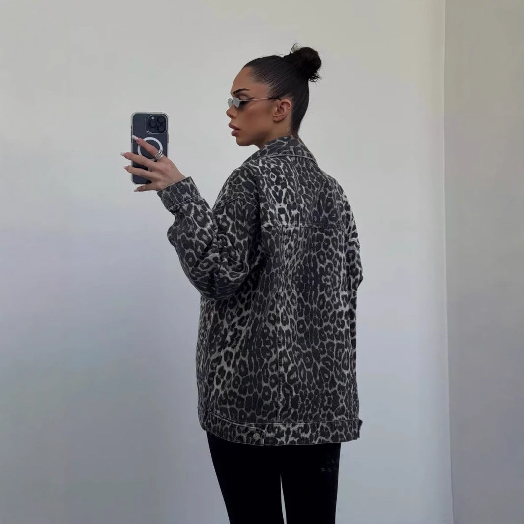 Damen Oversized Jeansjacke mit setzen Leo-Muster R&B