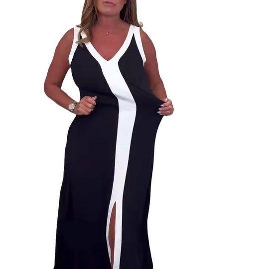 Damen Maxikleid mit tiefem V-Ausschnitt und kontrastierendem Streifen Heidi-Mode