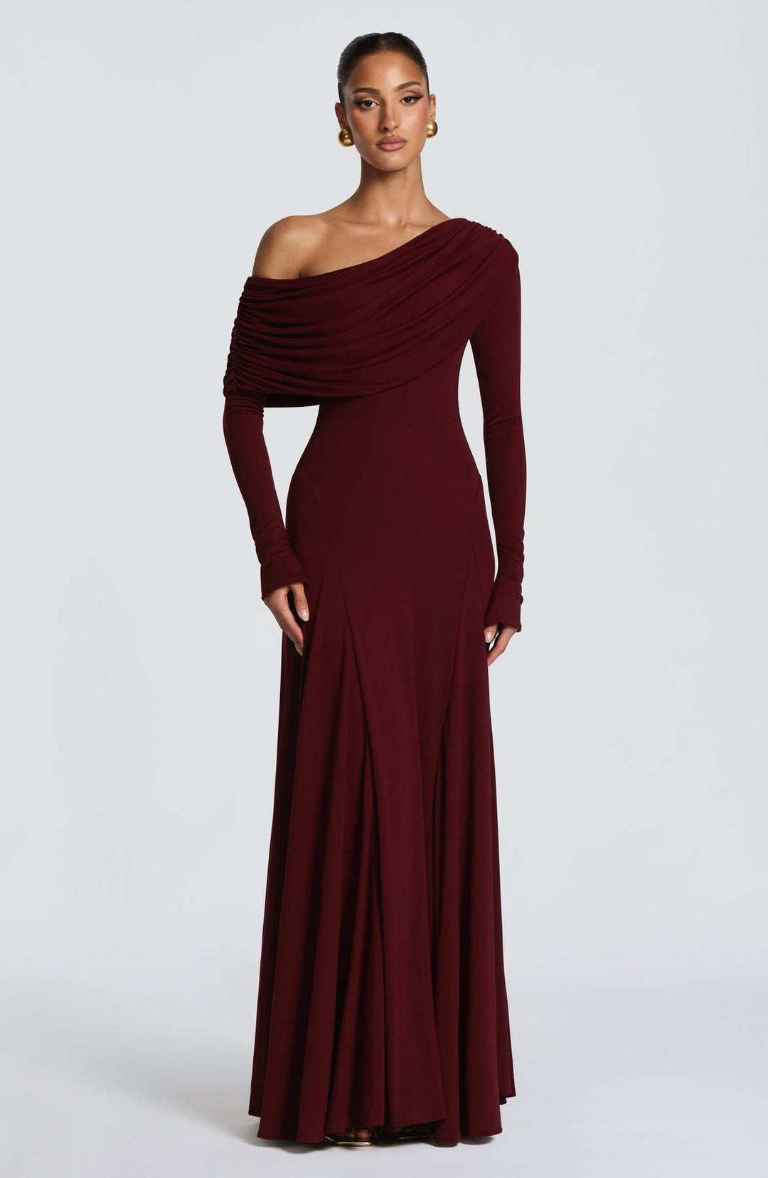 Damen Elegantes Langarm-Maxikleid mit asymmetrischem Drapierungsdetail R&B