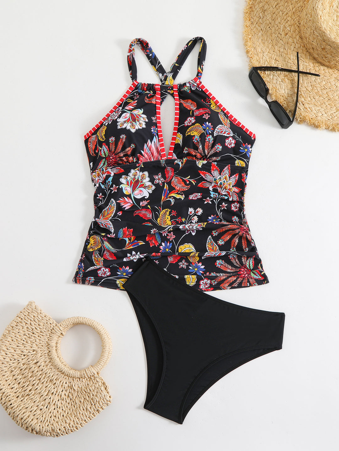 Damen Tankini-Set mit floralem Oberteil und hoch geschnittenen Höschen R&B