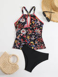 Damen Tankini-Set mit floralem Oberteil und hoch geschnittenen Höschen R&B