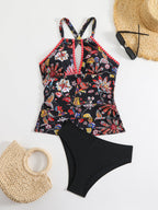 Damen Tankini-Set mit floralem Oberteil und hoch geschnittenen Höschen R&B