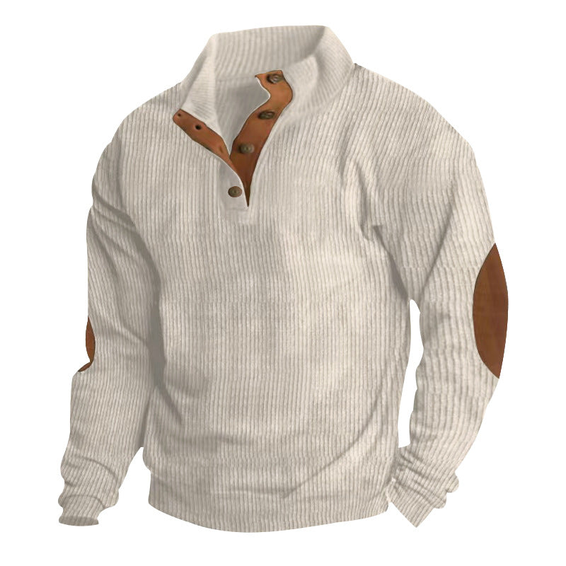 Herren nan gerippter Baumwollmix-Pullover mit Stehkragen, Knopfleiste und Lederoptik-Ellenbogenpatches R&B