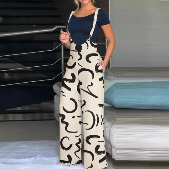 Damen modische Latzhose mit weitem Bein und buntem Grafikdesign R&B