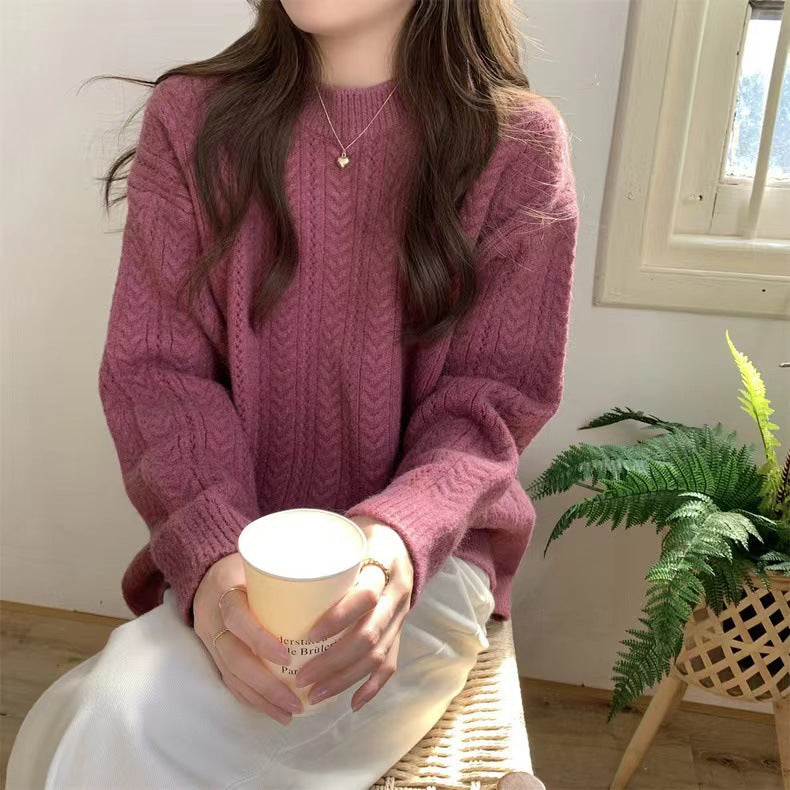 Damen Grobstrickpullover mit modernem Zopfmuster und hohem Rundhalsausschnitt R&B