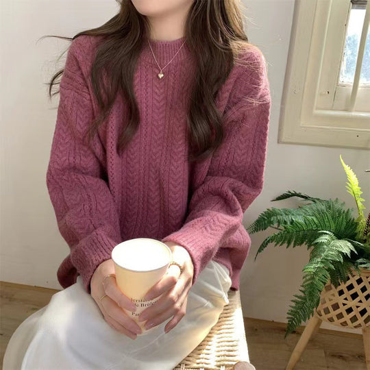 Damen Grobstrickpullover mit modernem Zopfmuster und hohem Rundhalsausschnitt R&B