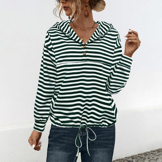 Damen lässiger Kapuzenpullover mit Streifenmuster und verstellbarem Tunnelzug R&B