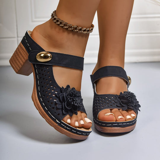Damen Slide-Sandalen mit floraler Applikation und Blockabsatz R&B