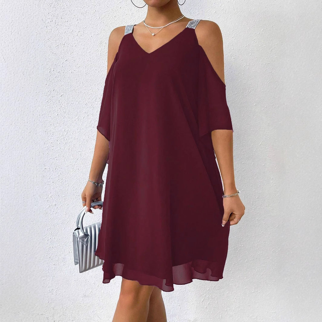 Damen schulterfreies Flatterkleid mit glitzernden Trägern R&B