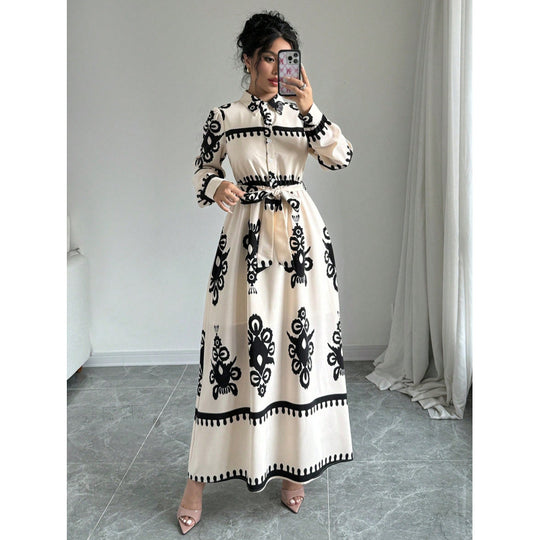 Damen Langarm-Maxikleid mit elegantem Knopfdesign und taillierbarem Gürtel R&B