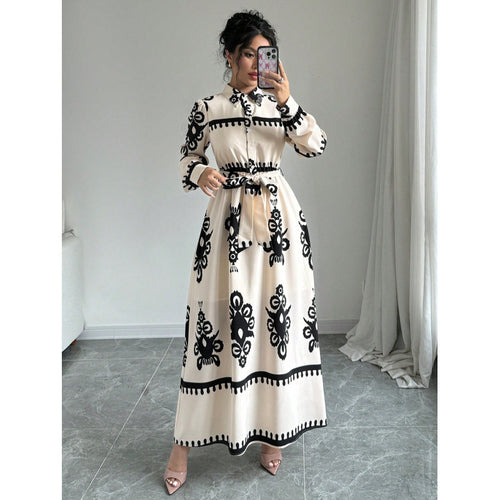 Damen Langarm-Maxikleid mit elegantem Knopfdesign und taillierbarem Gürtel R&B
