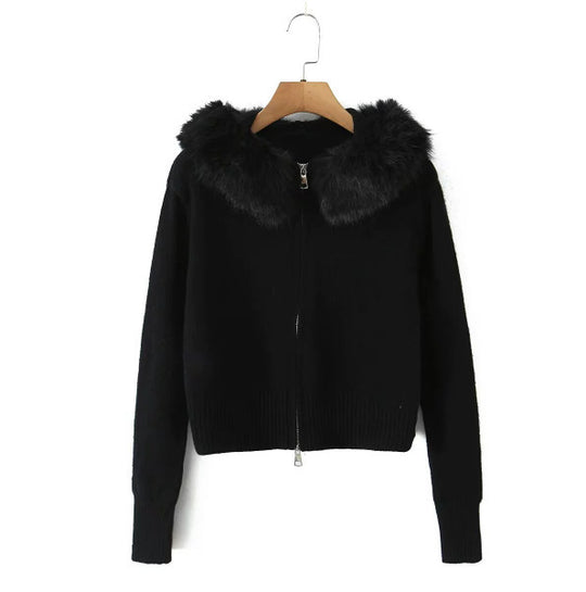 Damen Strickjacke mit luxuriösem Kunstfellkragen und Reißverschluss R&B