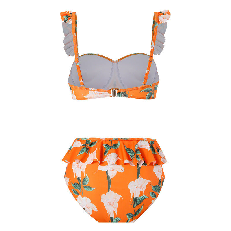 Damen Bikini-Set mit floralem Rüschendesign und elegantem Wickelrock R&B