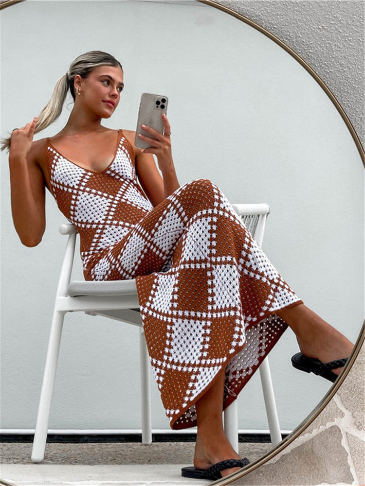Damen-Maxikleid mit feinem Mesh-Strick und diamantförmigem Muster R&B
