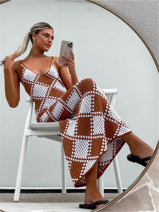 Damen-Maxikleid mit feinem Mesh-Strick und diamantförmigem Muster R&B