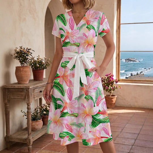 Damen Midikleid mit farbenfrohem Blumendesign und taillierbarem Bindegürtel R&B