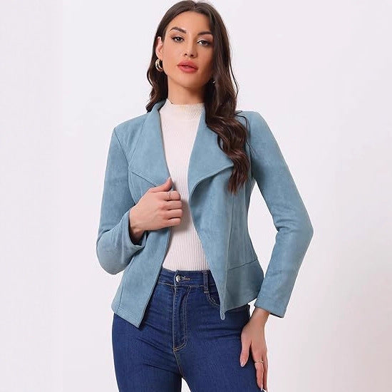 Damen modische Synthetiklederjacke mit offenem Schnitt und Taschen R&B