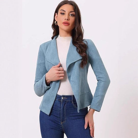 Damen modische Synthetiklederjacke mit offenem Schnitt und Taschen R&B