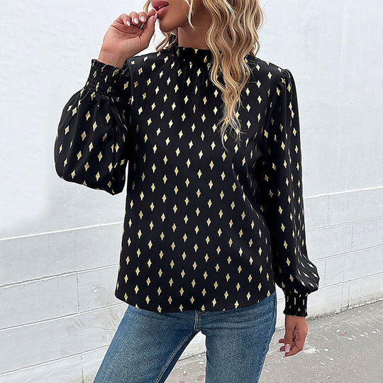 Damen Bluse mit luxuriösem Musterdruck und elegantem Stehkragen R&B