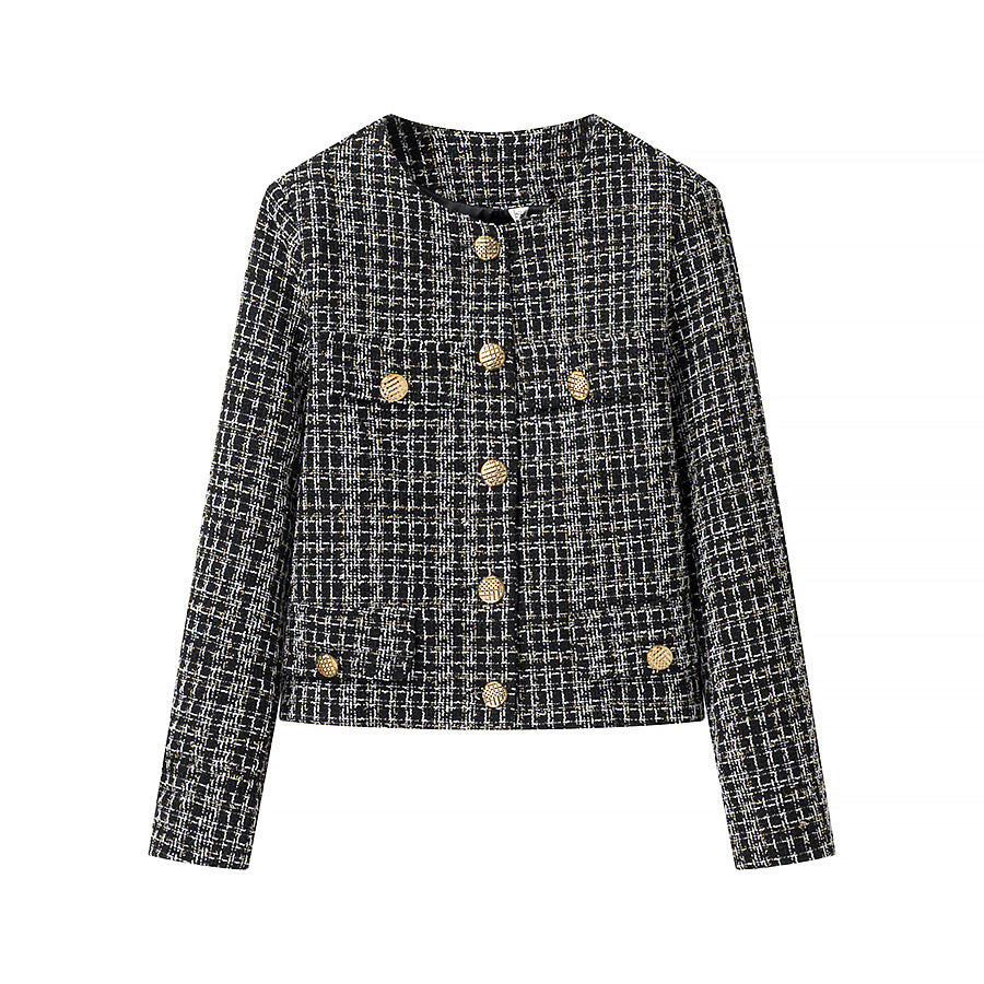 Damen elegante Tweed-Jacke mit goldenen Knöpfen R&B